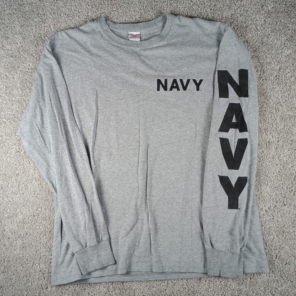 Soffe US Navy PT Long Sleeve Shirt Gray Mens Large L Graphic Retro 2015 Y2K